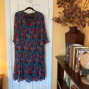 Ulla Popken Pleated A-Line Red & Teal Floral Dress